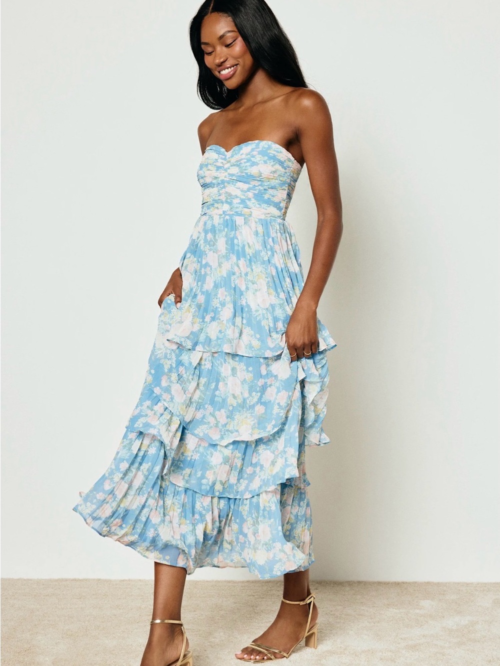 Lulu's Seriously Sensational Blue Floral Strapless Tiered Maxi Dress - Picture 5 of 8